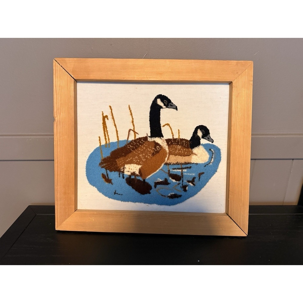 Vintage Crewel Canadian Geese Embroidery Art Woodland Boho Fiber Decor 16x14